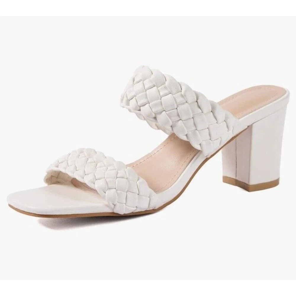 New Women White Braided Heels Sandals Chunky Block Heel Size 10 open toe